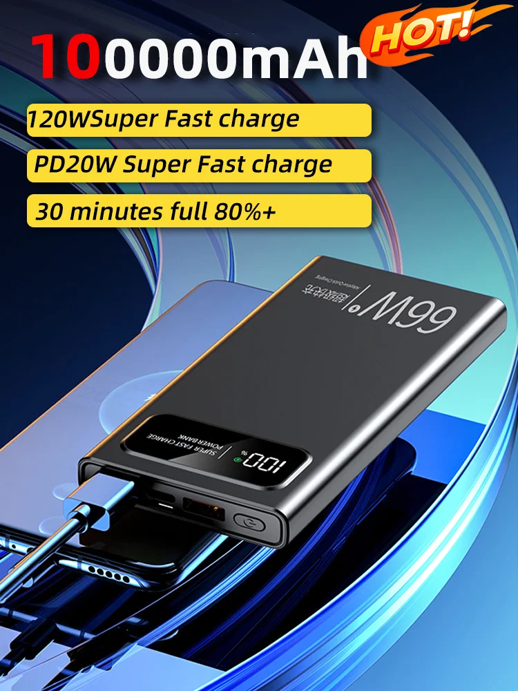 

100000mAh 120W large capacity digital display mobile power Super fast charging bank for iPhone Samsung Xiaomi Easy to carry