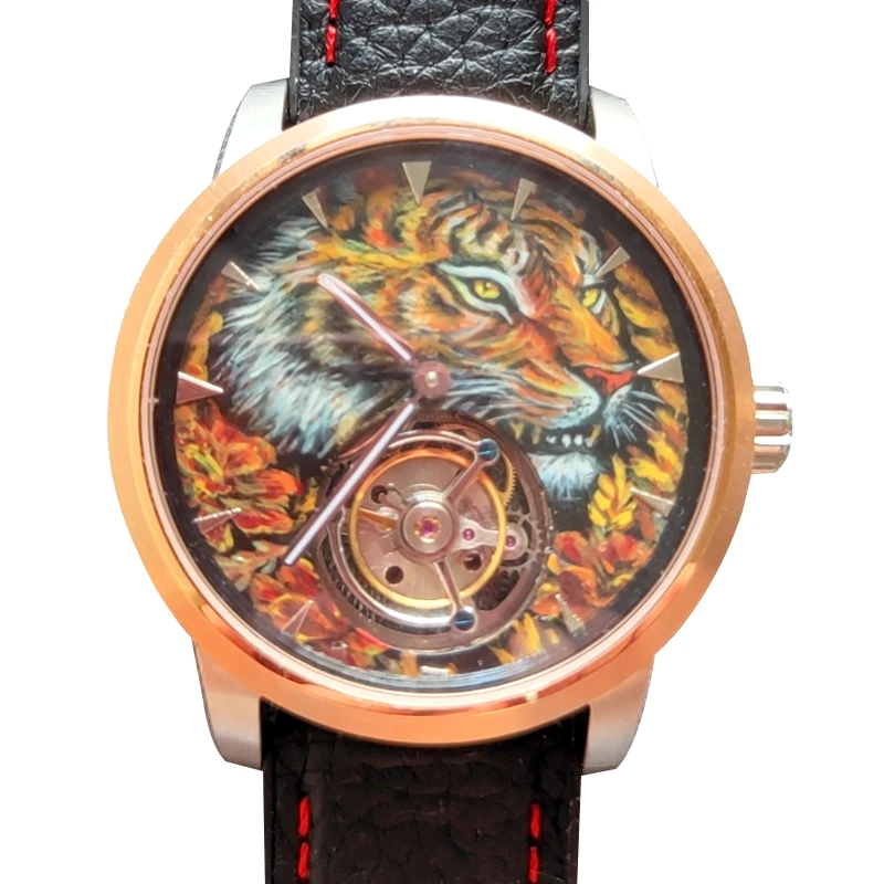 Solitary product Hand drawn dial Tourbillon watch  Watchmaker 43mm  Stainless steel case handwind art collection