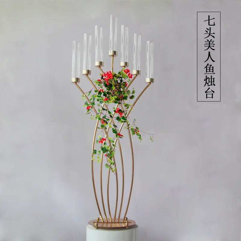 2020 new wrought iron 7-head mermaid candlestick Lu Yin wedding table arrangement T-table Lu Yin hotel auditorium decoration