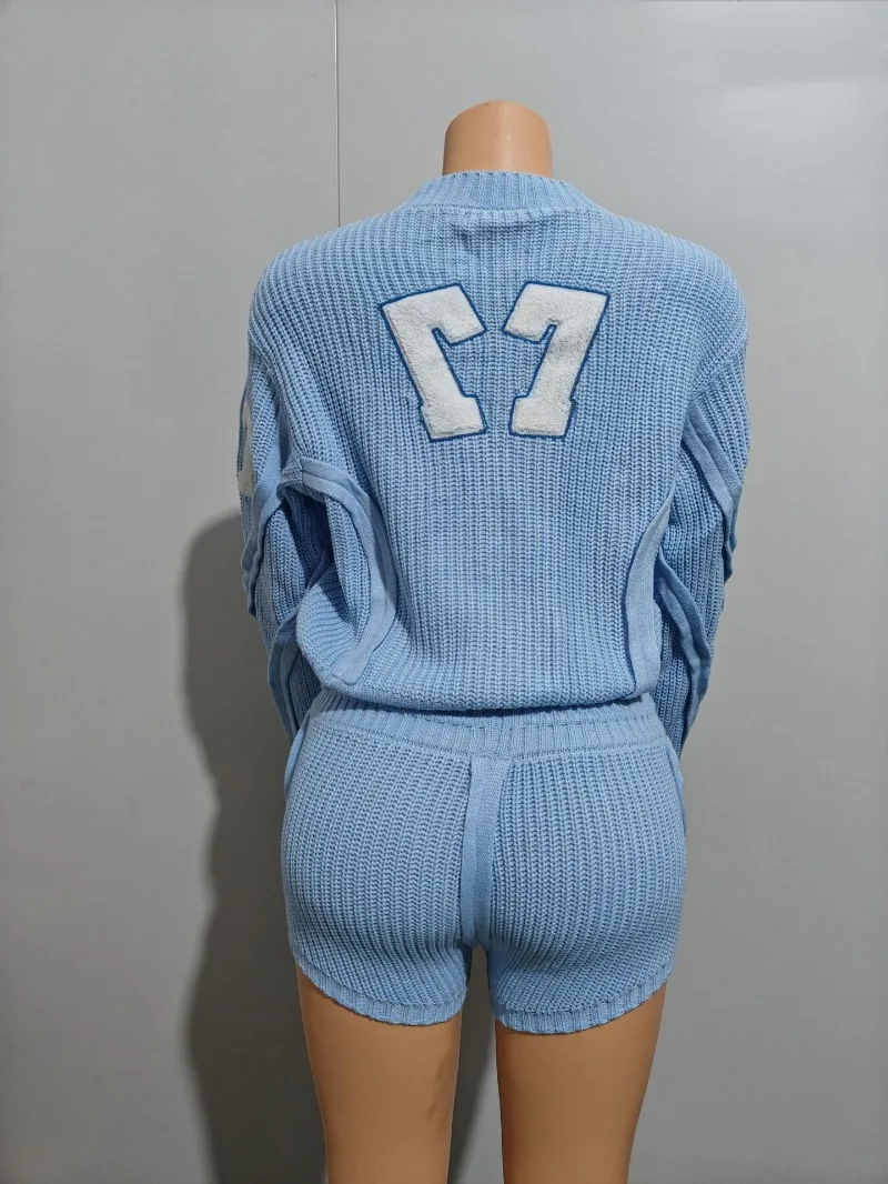 Letter Embroidery Knitted Sweaters 2 Piece Set Women O-neck Full Sleeve Zipper Jacket Tops + Drawstring Shorts Casual Suits