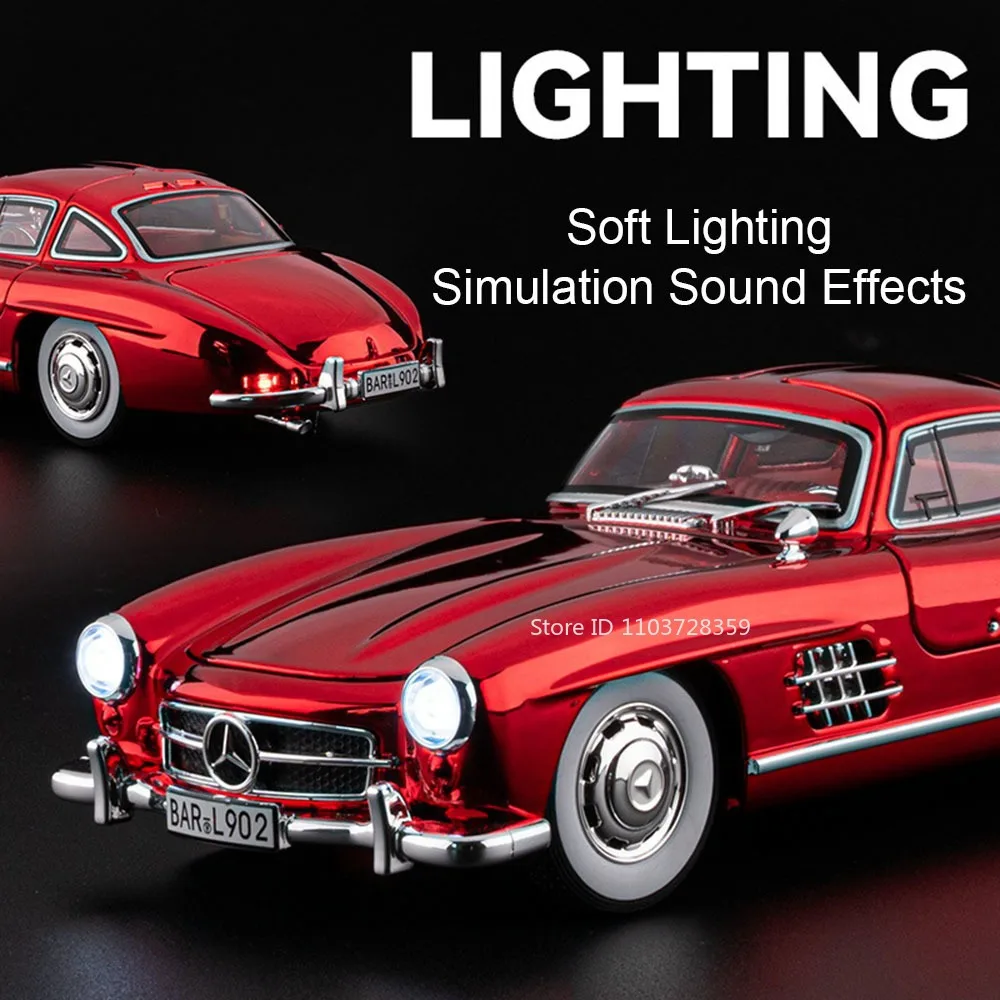 1:24 Model Toy 300SL 500K Vintage Car Alloy Diecast Sound Light Door Opened Pull Back Shock Absorption Children Interactive Toys