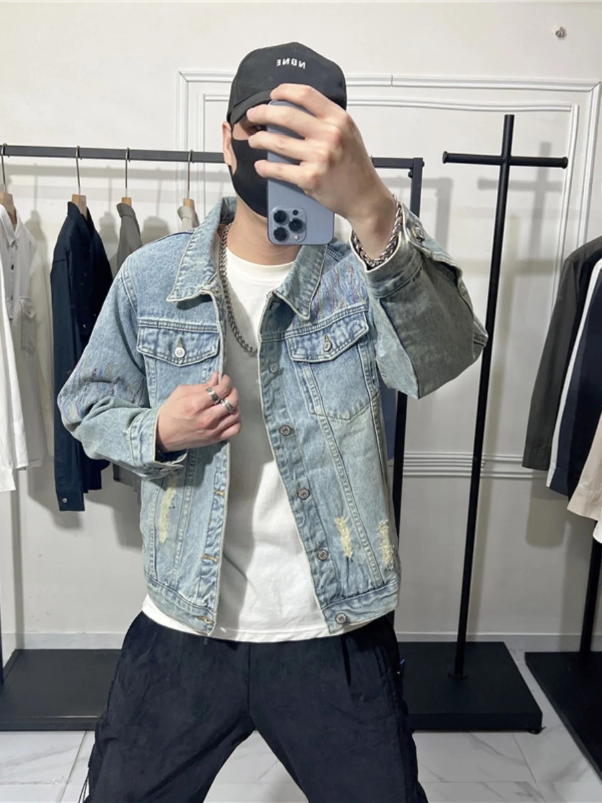 

Мужская джинсовая куртка в стиле ретро в американском стиле, осенне-весенняя повседневная модная облегающая рабочая одежда с вышивкой и отверстиями в стиле ретро