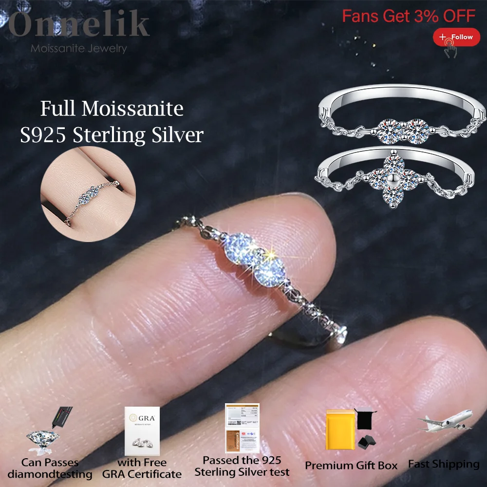 

Onnelik 100% S925 Sterling Silver Full D Color Moissanite Diamond with GRA Chain Ring for Woman Wedding Party Daily Fine Jewelry