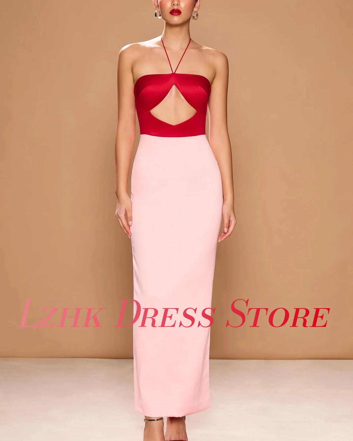 カスタマイズされたセクシーなジャージストレートイブニングドレス気質ノースリーブストラップレスホルター足首丈特別な日のガウン