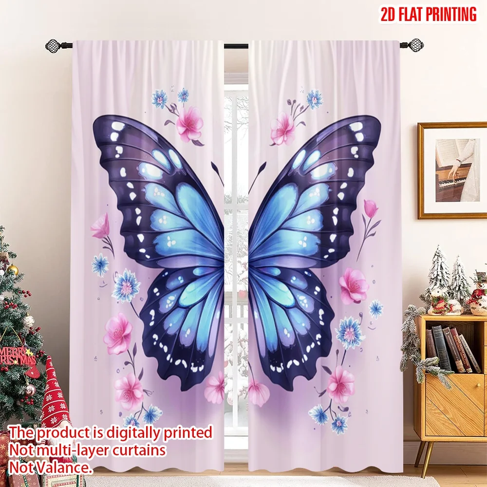 2pcs 2D flat printing Party Curtains Sparkle Butterfly Flower Floral Digital Printed Polyester Drapes Festive Wall Decor for