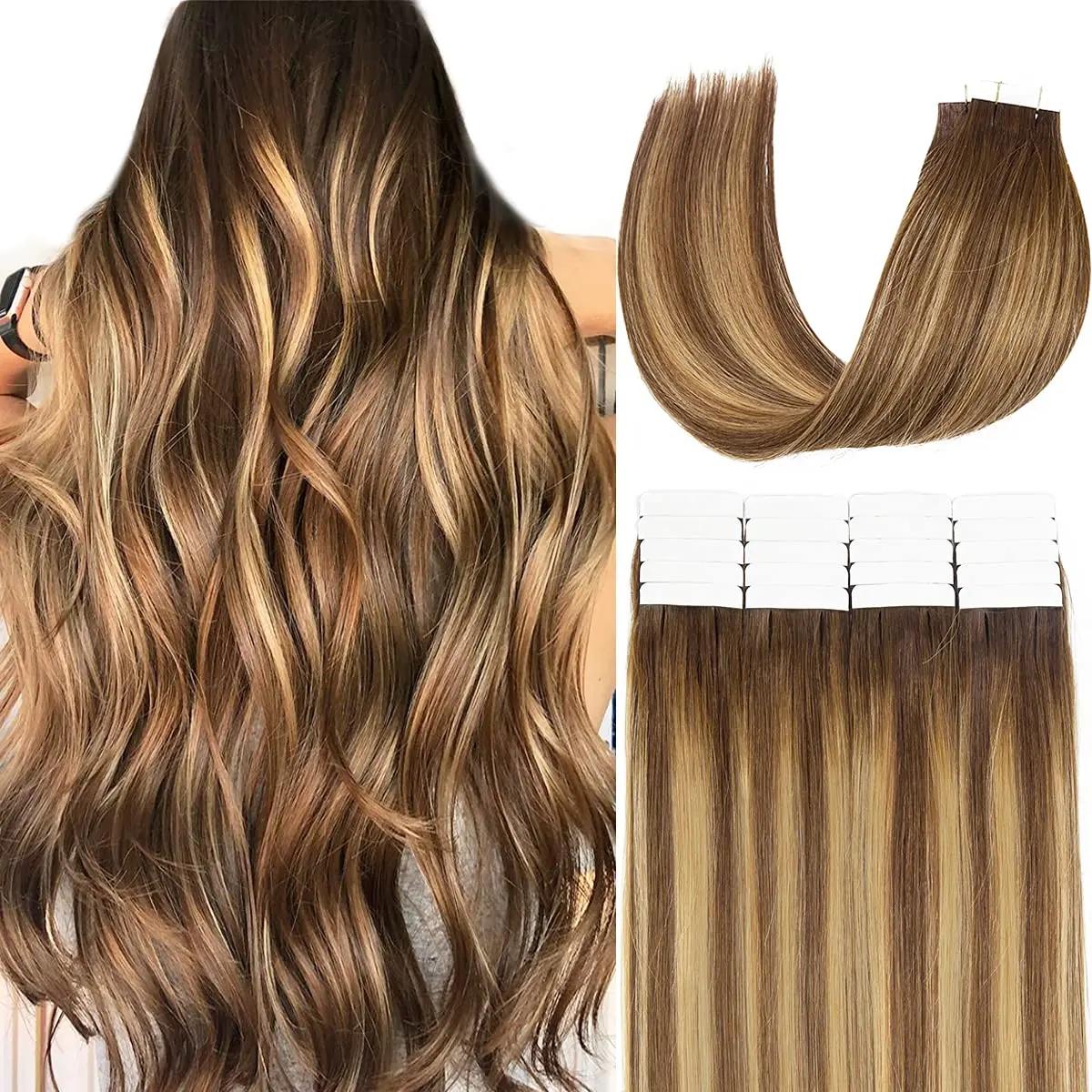 

Tape In Hair Extensions 100% Remy Natural Human Hair 16 To 26 Inch Skin Weft Invisiable Seamless Omber Color 4/27 Glue For Salon