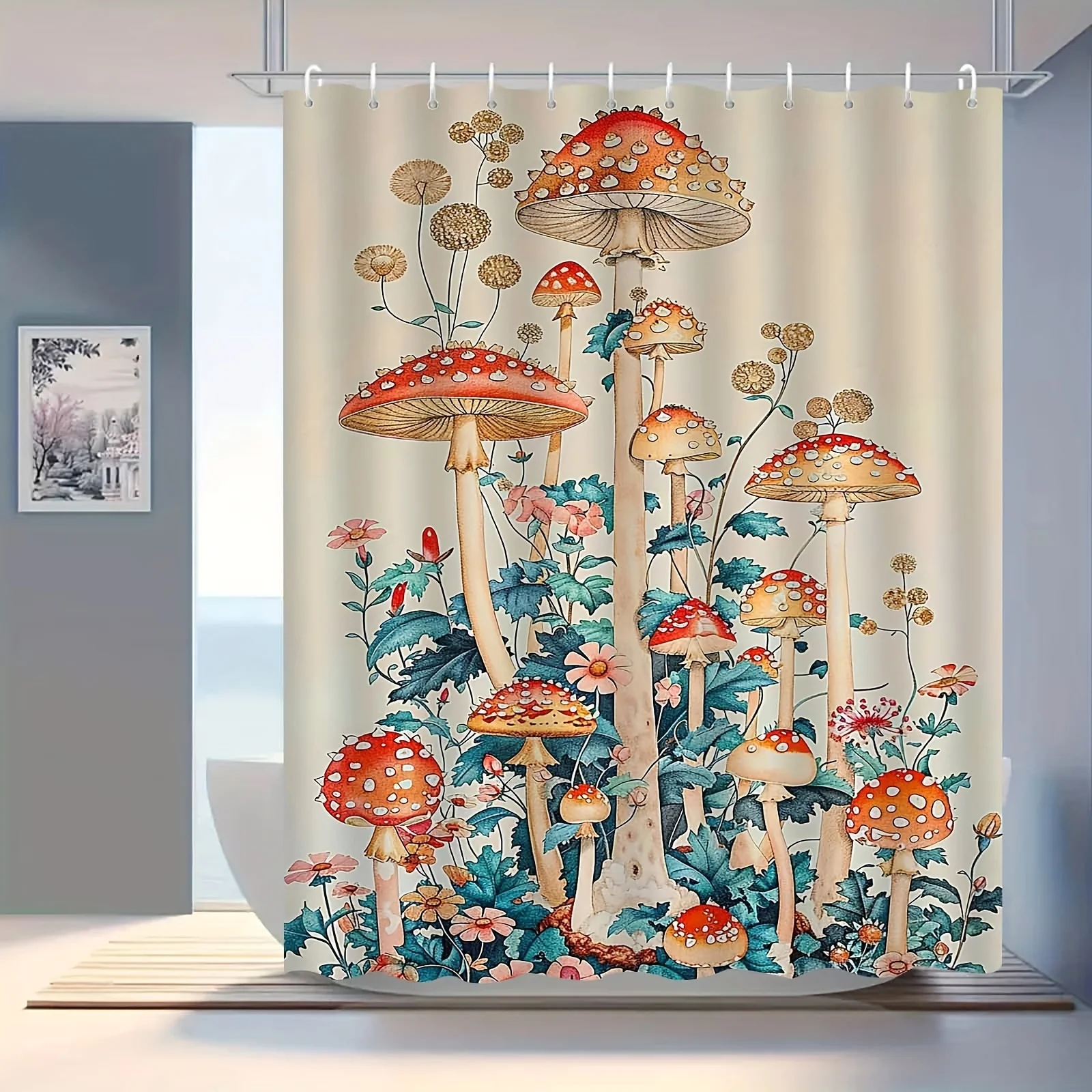 JIT1pcs Mushroom Fairy Tale Healing Series Shower Curtain, High End Elegant and Fog Proof Bathroom Curtain, Multi Functional Cur
