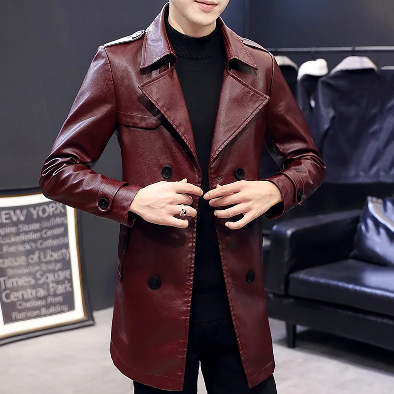 

Man Khaki Wine Red Retro Long Leather Jacket Oversize Boys Slim Fit Windbreaker Autumn Wear PU Coat Button Up Trench Coat Xxxl