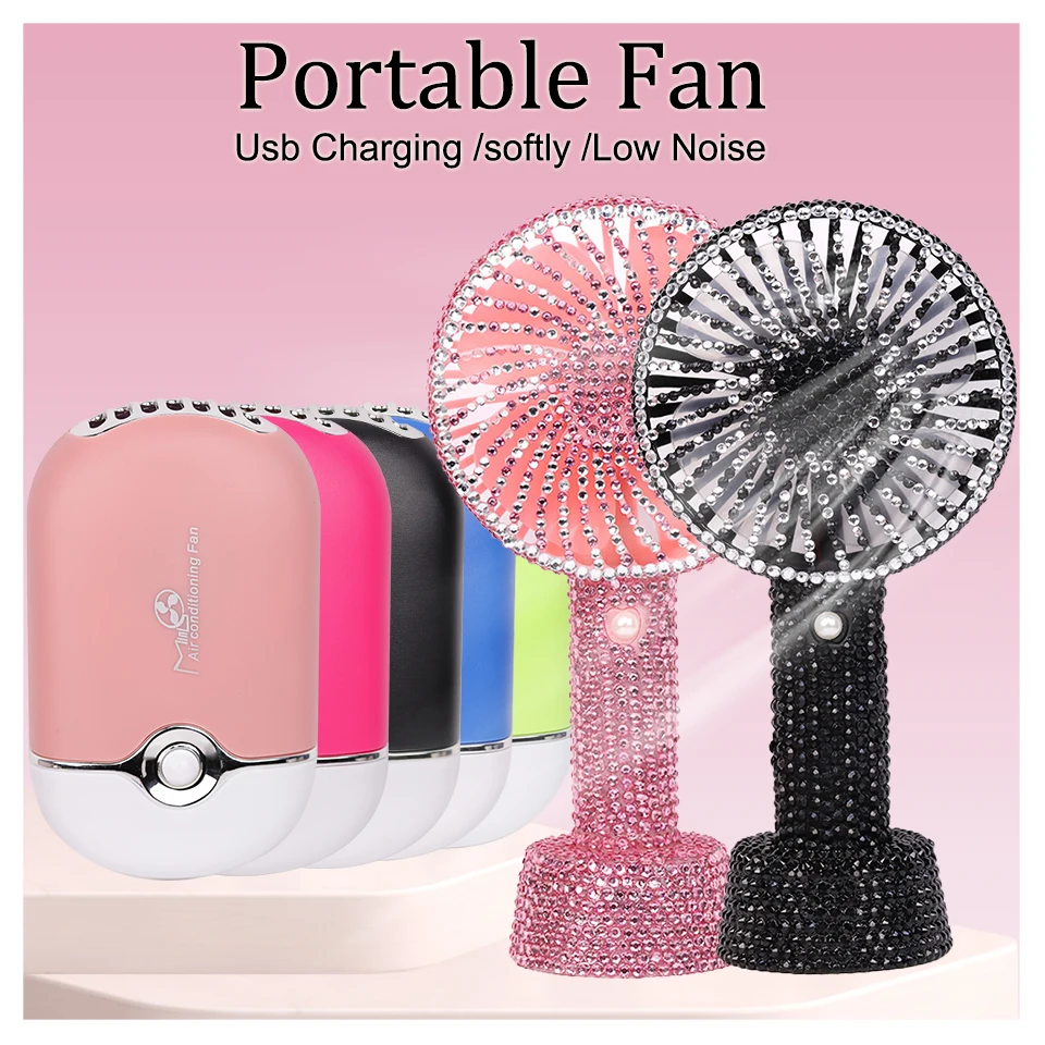 Rhinestones Handheld Mini Fans Portable for Grafting Eyelash Glue Fans Desktop/Office USB Charging Cute Small Fans Makeup Tools