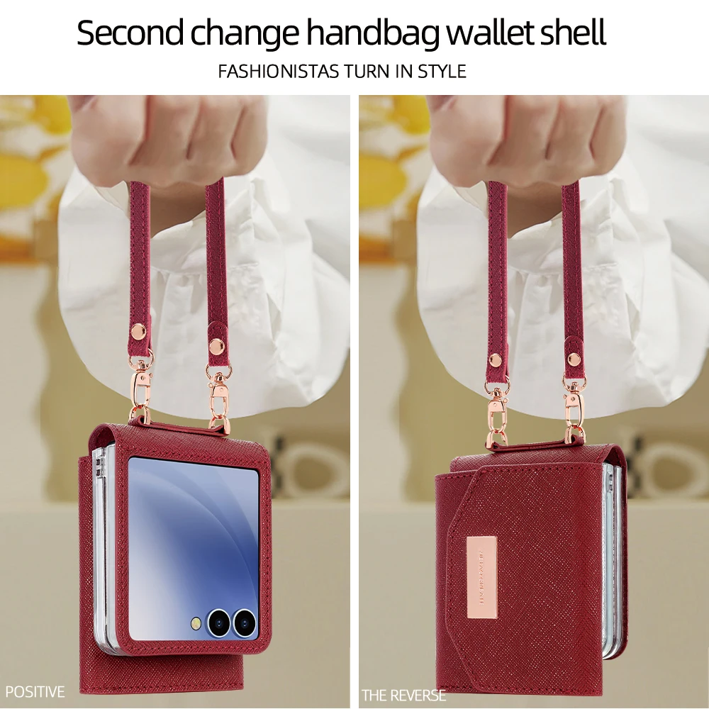 VIETAO ダークレッドPUレザー財布型スマホケース リストストラップ付き Galaxy Z Flip 7/6/5/4/3対応 レディース向けおしゃれなスマホカバー
