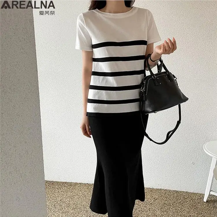 

Two piece sets womens outifits Knit Set for Women Ice Silk short sleeve stripe shirt tops + Mermaid skirt sets Elegant Knit Suit