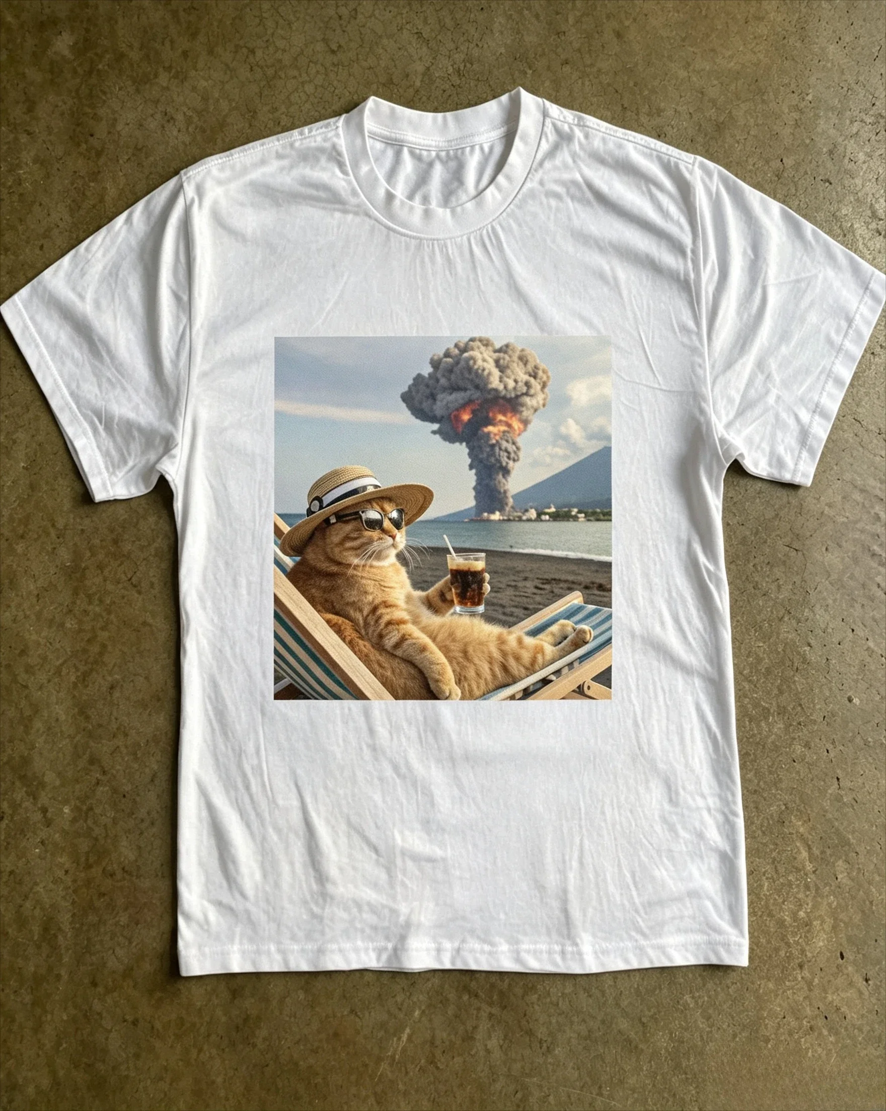Beach Vacation Cat Graphic T-shirt Women Funny Chill Cat Drinking Print Short Sleeve Casual Streetwear Tops