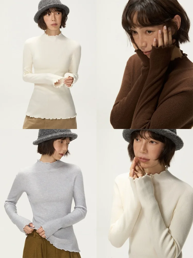 

Женская трикотажная кофта с высоким воротником и волнистым краем, облегающая, базовый слой, повседневная, из полиэстера, с длинным рукавом