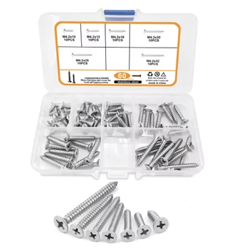 # 8 Kendiliğinden Sondaj Ahşap Vida Seti, 60 adet Çapraz Düz Kafa Çelik Levha Vidaları, Kendinden Kilitli Somunlar, Ahşap Dişli Vida Seti