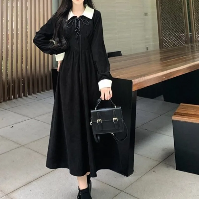 Women Vintage Corduroy Bandage Contrast Color High Waist Elegant Party Dresses Y2K Harajuku Long Sleeve Slim Midi Dress Vestidos