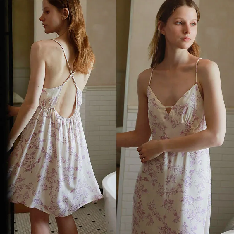 

2025 Summer Satin Beautiful Flower Print Silk Dress Women V-neck Short Suspender Nightgown Breathable Backless Sleepwear