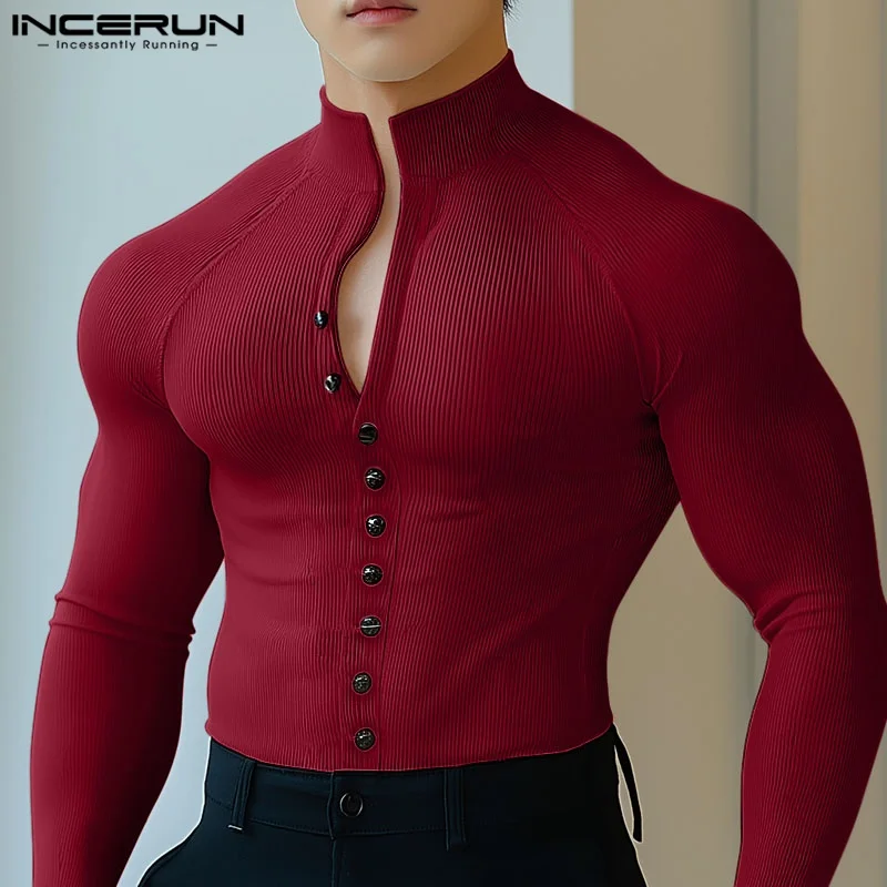 

INCERUN Tops 2025 American Style Stylish Men's Texture Button Design T-shirt Casual Streetwear Solid Long Sleeved Camiseta S-5XL