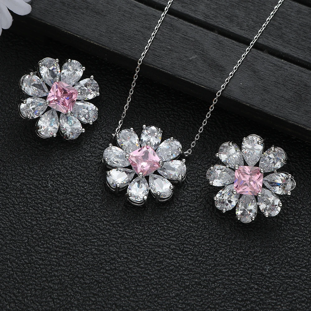 Luxury Sunflower Jewelry Set for Women Cubic Zircon Wedding Party Necklace Stud Earring Combo Dubai Bridal Accessory S476