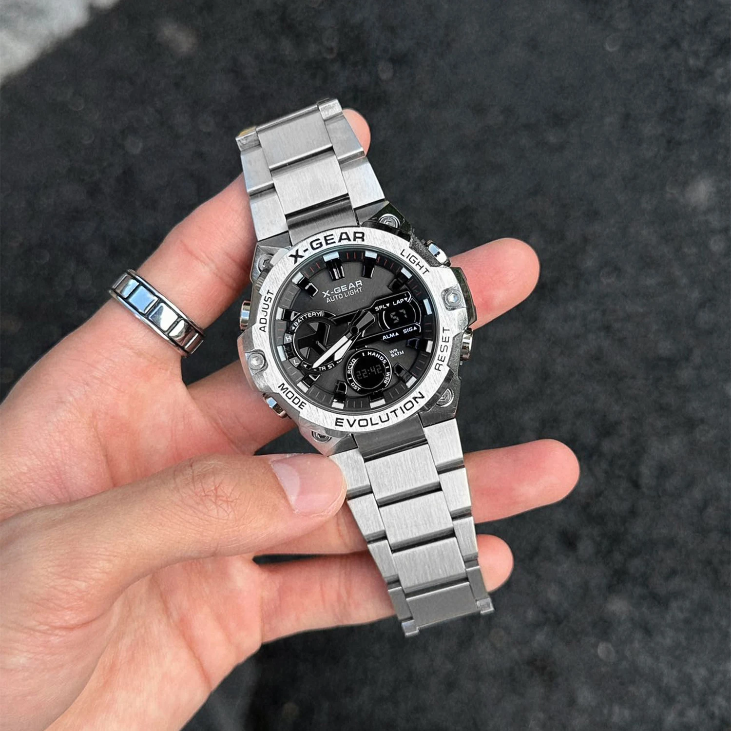 メンズソーラーエネルギー腕時計、耐久性ライト、キネティックエネルギー、タイマー、目覚まし時計、回転式風車、ステンレススチール製腕時計ストラップ