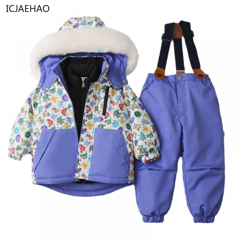 

ICJAEHAO 2024 Boy Outdoor Winter Printed Patchwork Children Ski Suit Waterproof Sets Hooded Fashion Coat Top Solid Color Pants