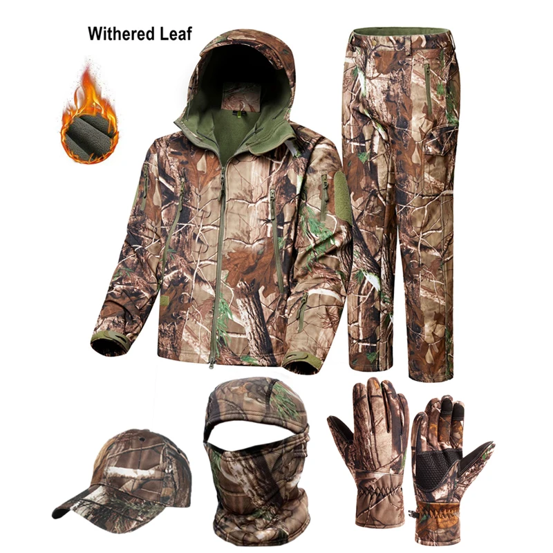 

Winter and autumn windproof and waterproof tactics, camouflage hunting, fishing, bird watching, enlarged and thickened plush fabric for warmth, jungle biomimetic leaf camouflage jacket, assault jacket, long pants