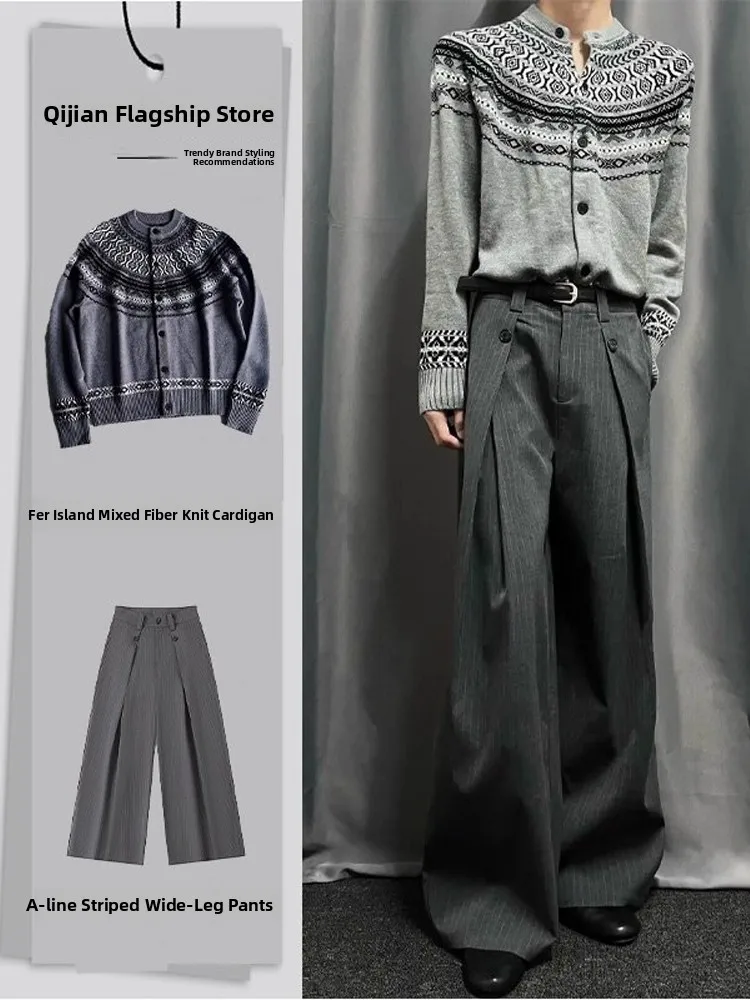 

Men's Knitted Cardigan Jaet with A-Line Stripes Floral Embroidery Faion Set Long Sve Long Pants Autumn Season Youth Wear