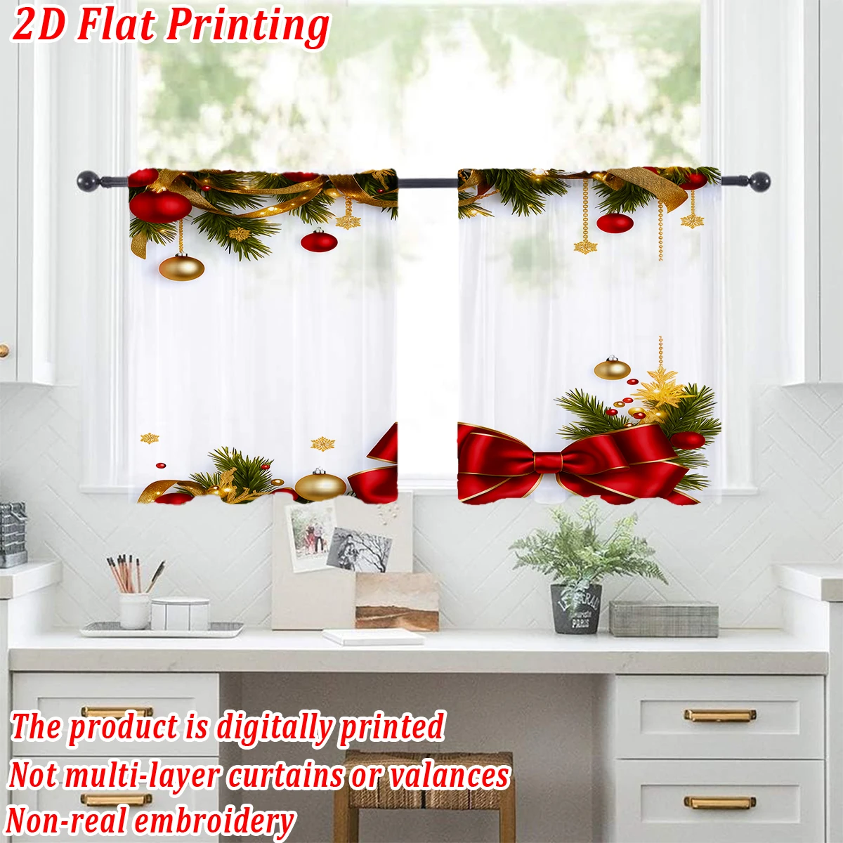 Christmas Flat Printing Kitchen Sheer Curtain with Merry Christmas Bow Ball Snowflake For Christmas Home Decor  Party