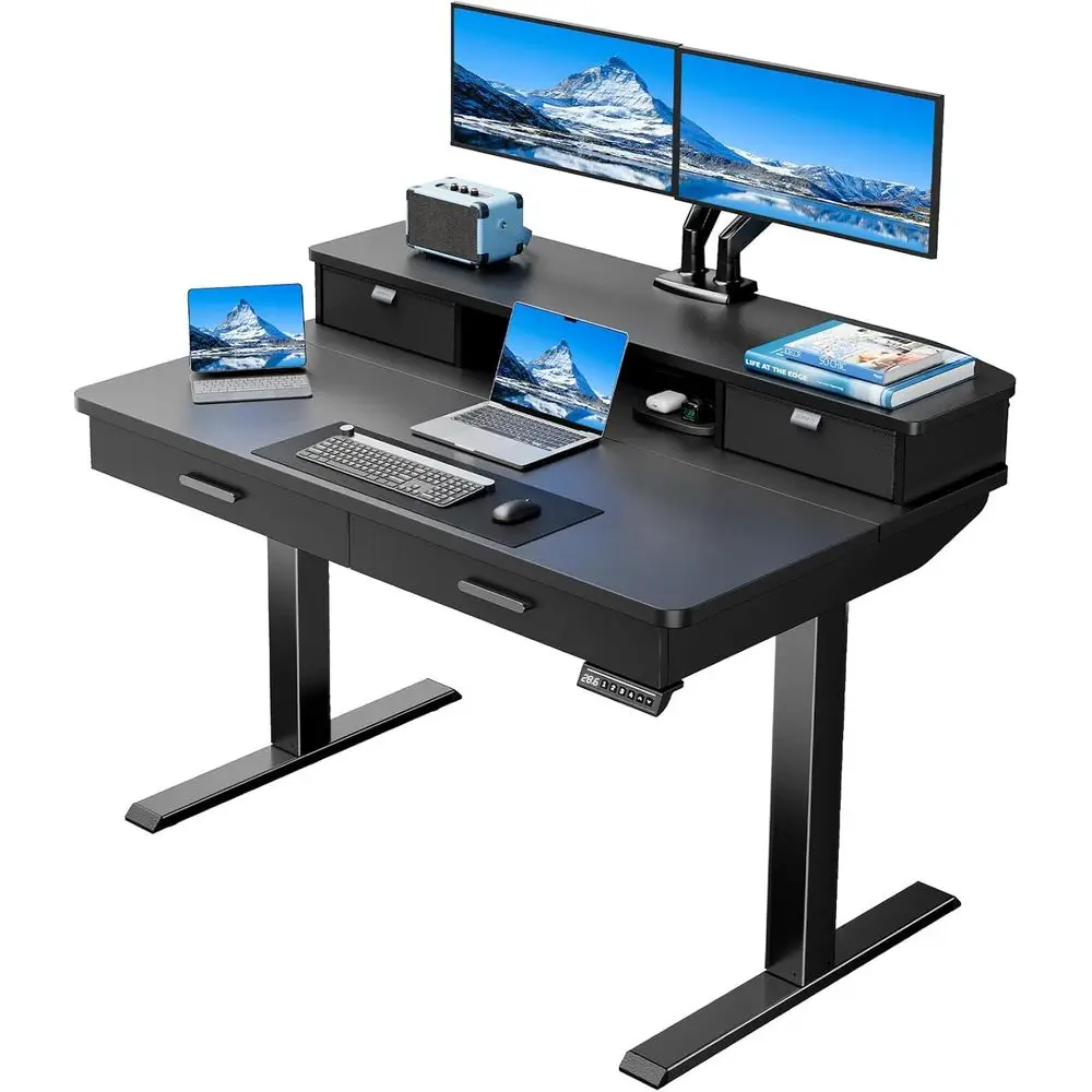 

Ergonomic 48x30 Wood Top Electric Standing Desk, Adjustable Height, Dual-Tiered, C-Clamp Monitor Mount, Black