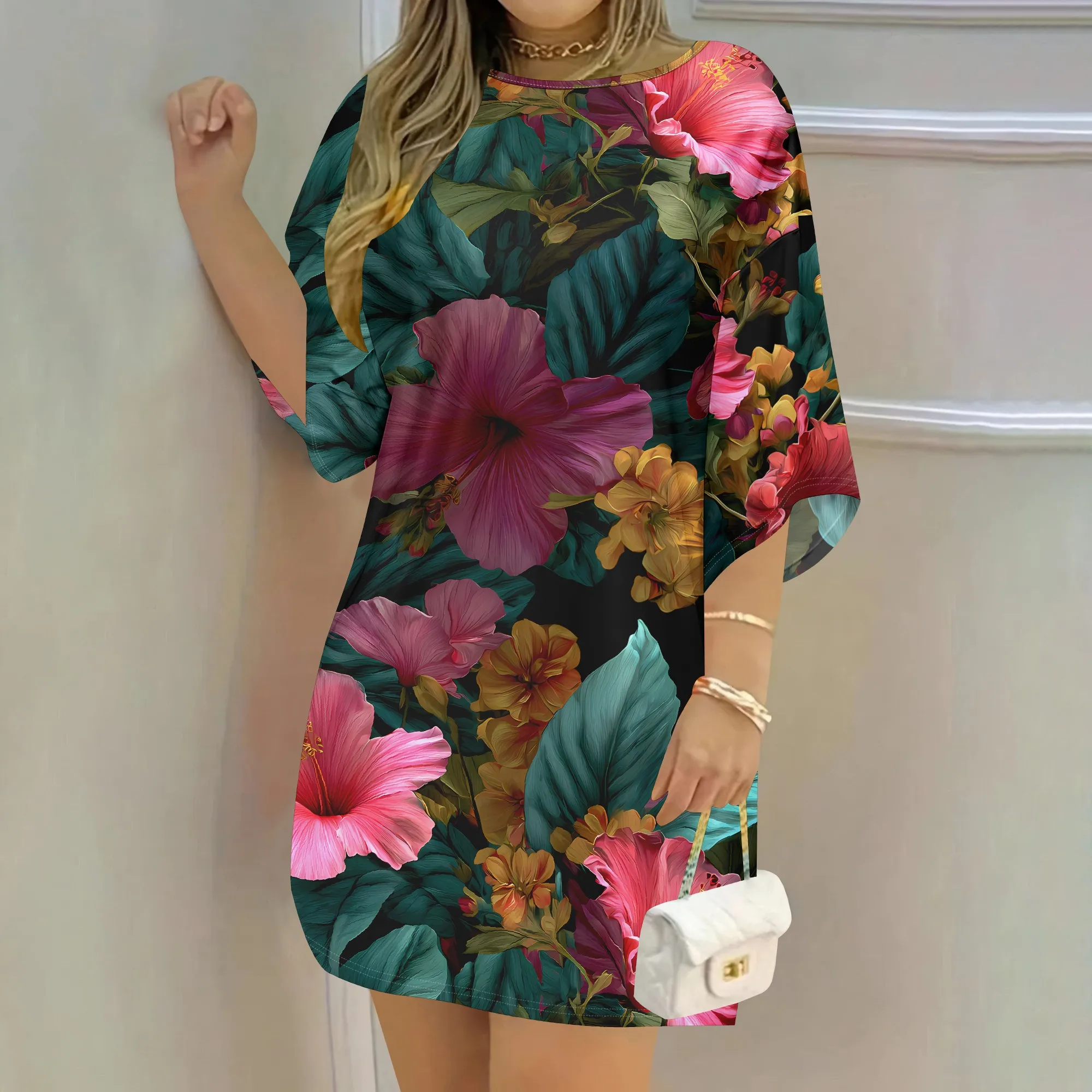Hibiscus Print Dress, Floral Tunic Top, Tropical Leaf Pattern, Summer Vacation Outfit, Beach Party Wear, XS-3XL