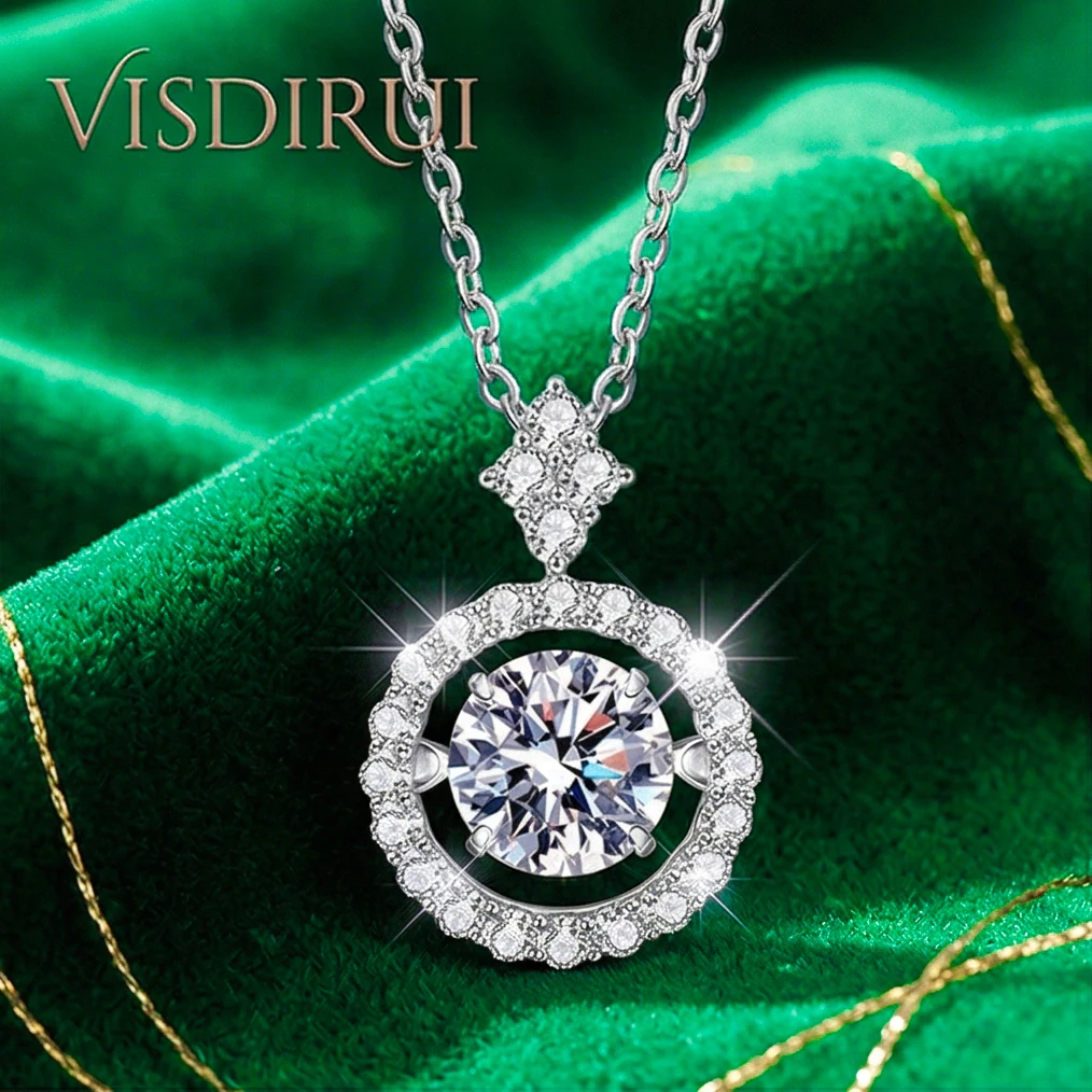 VISDIRUI 0.8ct Halo Moissanite Pendant Necklace S925 Silver D Color VVS1 Round Cut Link Chain Fine Jewelry Engagement Gift Women