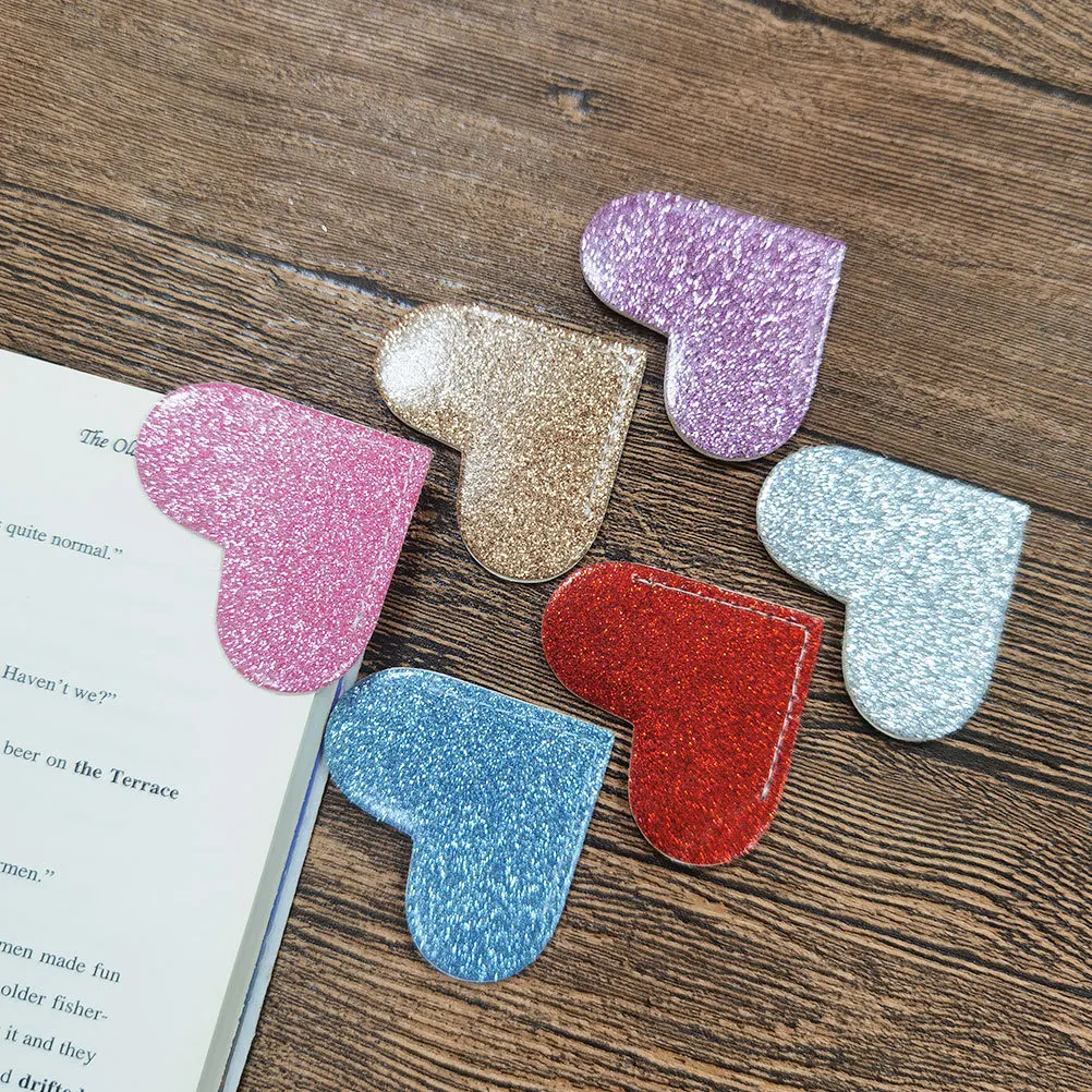 학생 교사 사무실 교실 장식용 코너 페이지 홀더 독서 용품용 6개입 PU 하트 모양 글리터 북마크