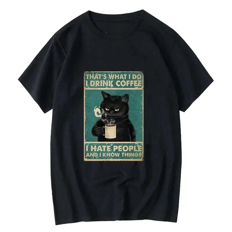المرأة تي شيرت مضحك القط شرب القهوة الطباعة الصيف عادية كول فضفاض المرأة س الرقبة تي شيرت المرأة بلايز الجرافيك تي شيرت Y2K #1