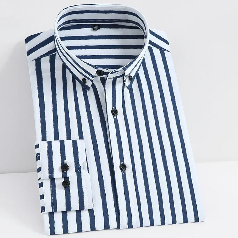 Men's Smooth Non-iron Stretch Soft Casual Striped Shirts Without Pocket  Long Sleeve Standard Fit Youthful Button Down Shirt