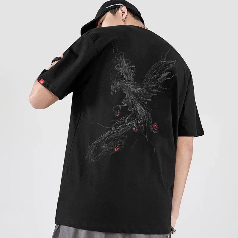 2023 Summer New Pure Cotton Loose Short Sleeve T-shirt Men\'s National Trend Chinese Style Phoenix Embroidery T Shirt Men M-5XL