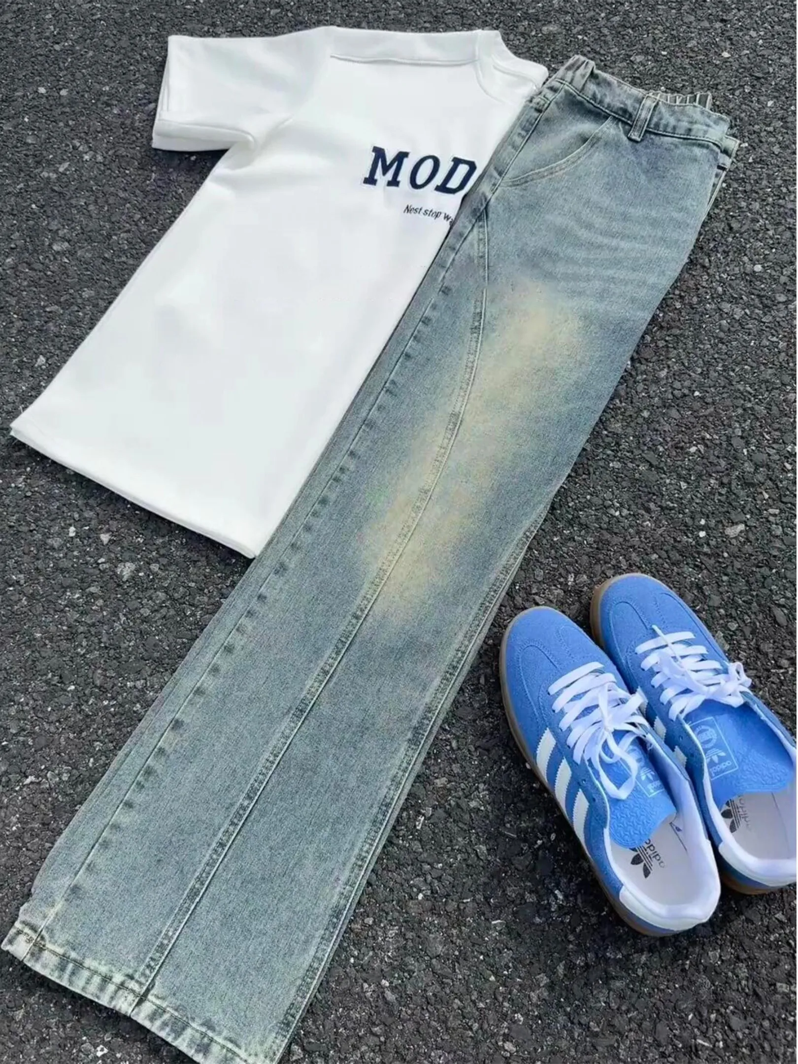 

Classic Straight Leg Slim Fit Jeans Men's American Style High Street Vibe Blue Diagonal Cut Jeans Youth Trend Spring Autumn