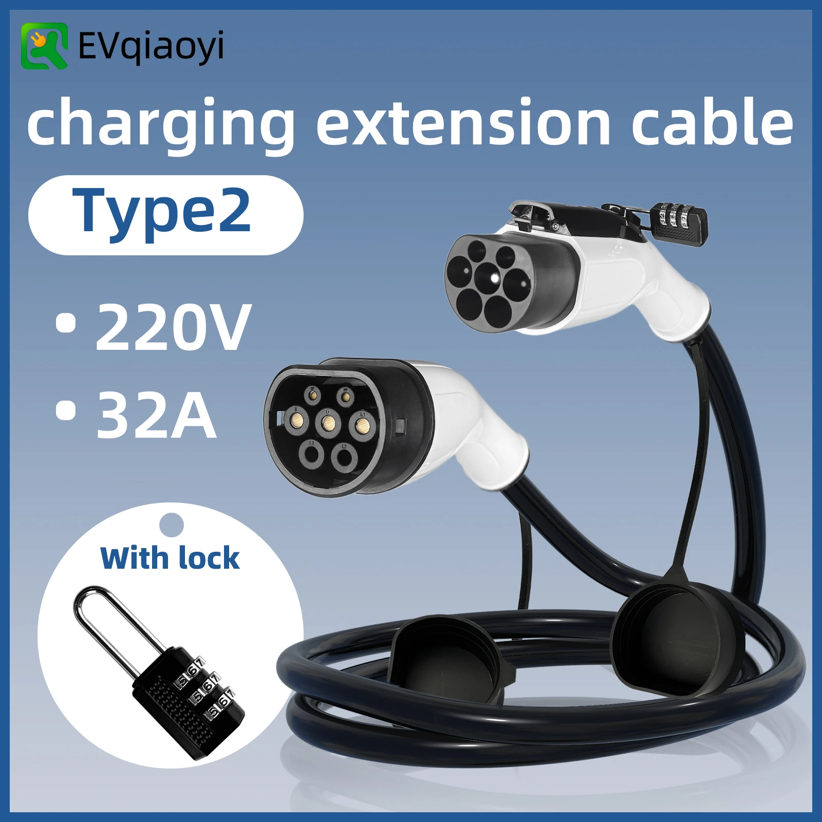 

TYPE2 Charging Pile Extension Cable with Lock for Anti-theft Type 2 EVSE Charging Cord, Female to Male Plug