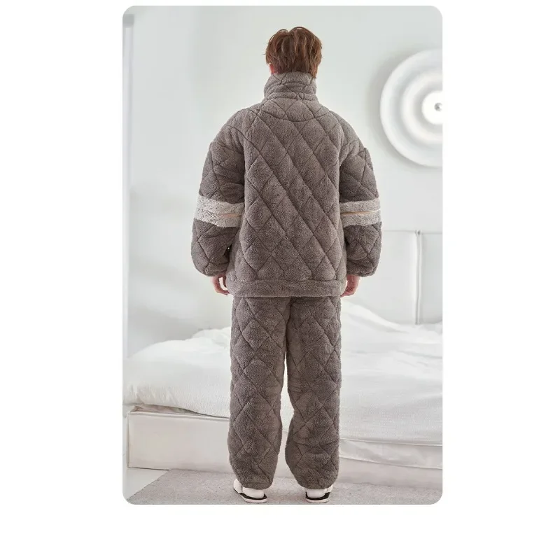 New Pajamas Men Autumn and Winter Thicken Fleece Sleepwear Coral Velvet Three-layer Padded Jacket Warm Male Flannel Loungewear