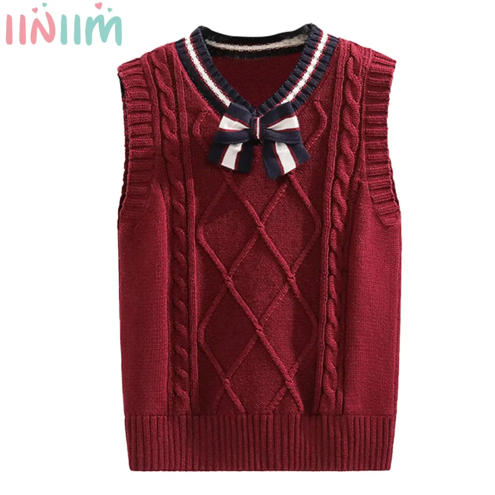 Kids Girls School Uniform Twisted Knitted Vest V Neck Sleeveless Sweater Japanese Style Outerwear Y2K Autumn Pullover Tops