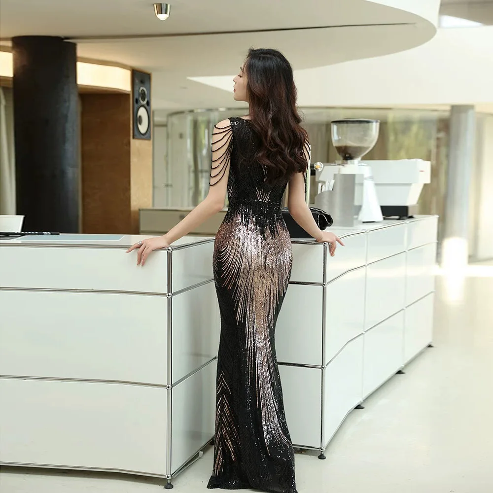 DEERVEADO Elegant Mermaid O Neck Sequins Evening Dress with Beads Women's Formal Dress for Special Occasions Party Dress