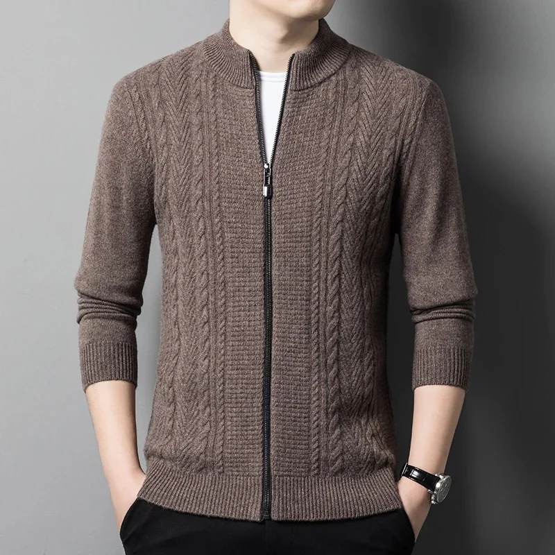 Wool 100% Casual Knitted Cardigan Sweater Men 2024 Autumn Winter Retro Zipper Pure Color Versatile Korean Coat Male