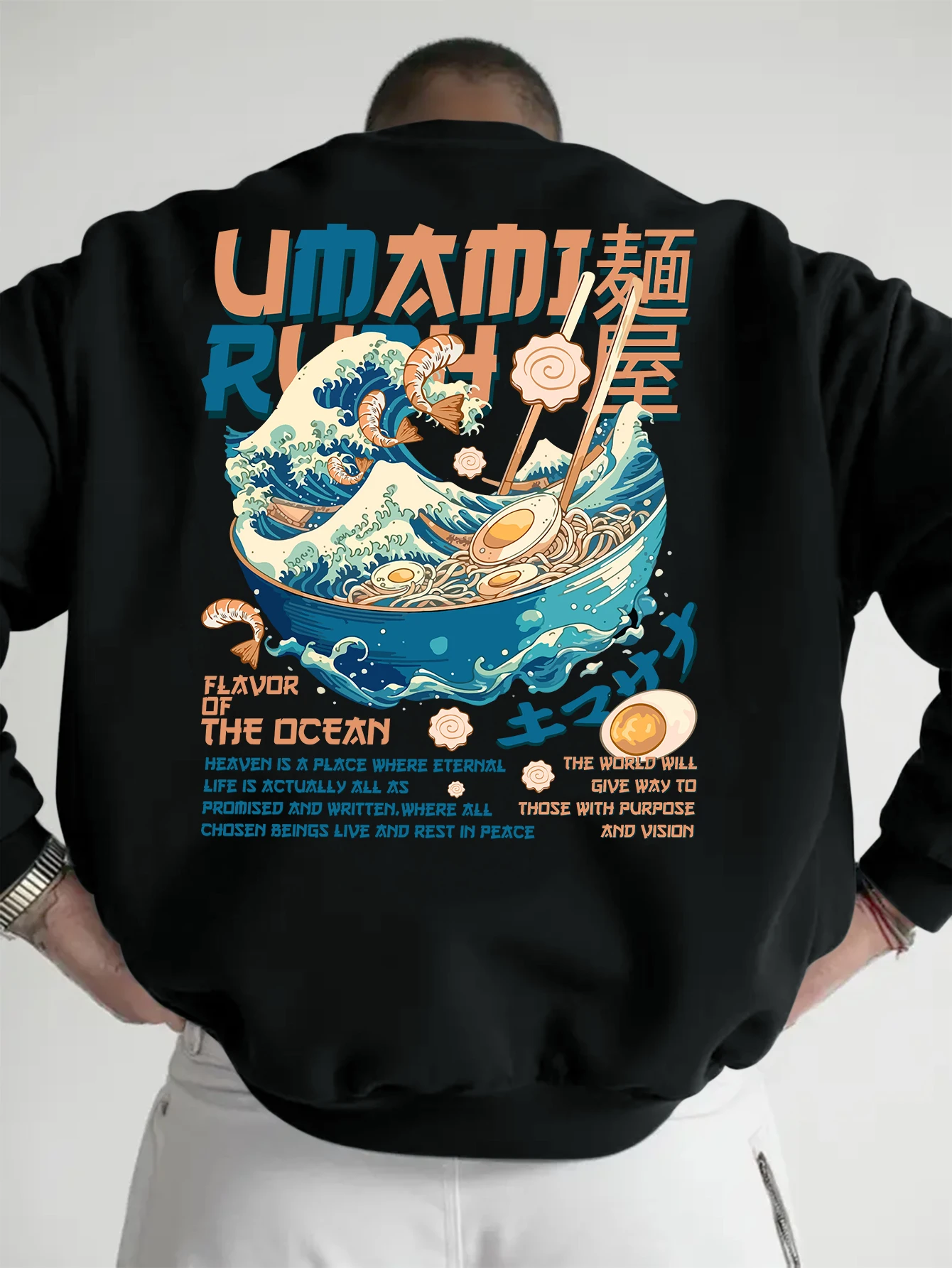 Men Japanese Ramen Ocean Wave Print Sweatshirt Ukiyo-E Noodle Graphic Vintage Harajuku Streetwear Crew Neck Long SleeveOversized