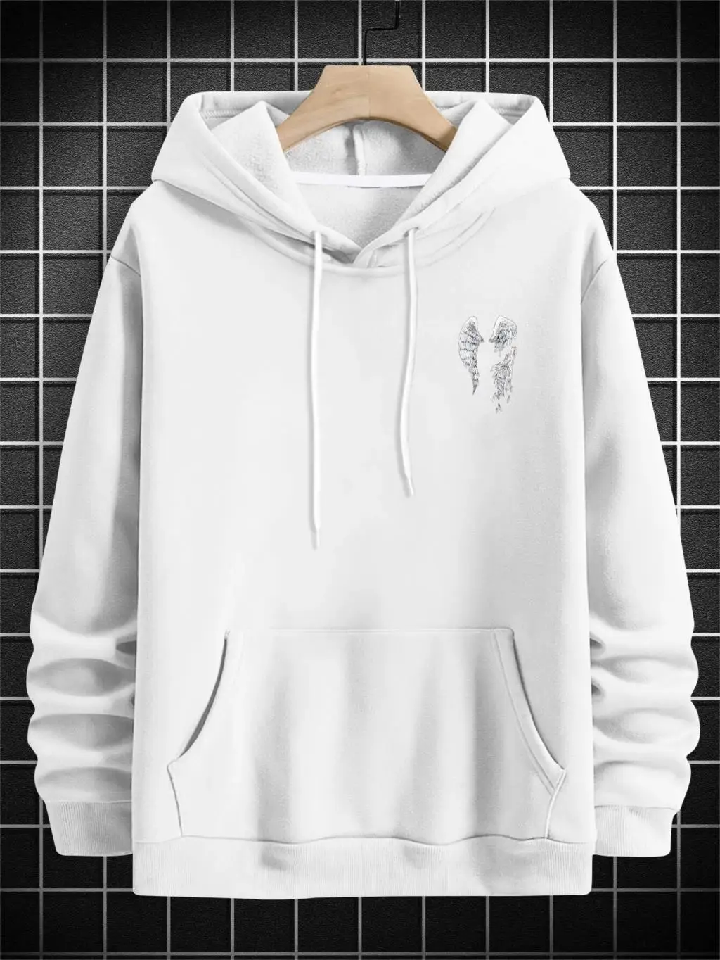 Street Trend Wings Printing Hoodie For Men Pocket Drawstring Pullovers Loose Fleece Warm Sweatshirts Autumn Comfortable Clothes