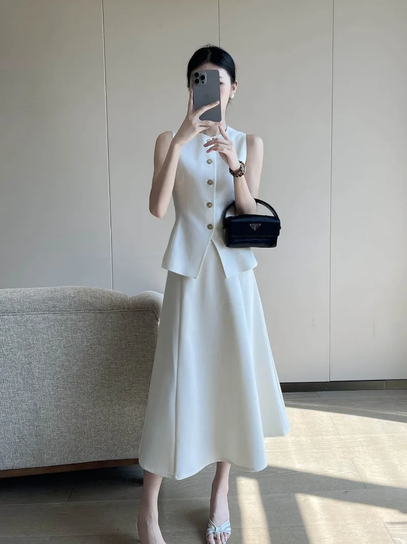 

New Two Piece Set Korean Summer Fashion Elegant O-Neck Slim Waist Sleeveless Vest Top + A-line Midi Skirt Office Lady Suit