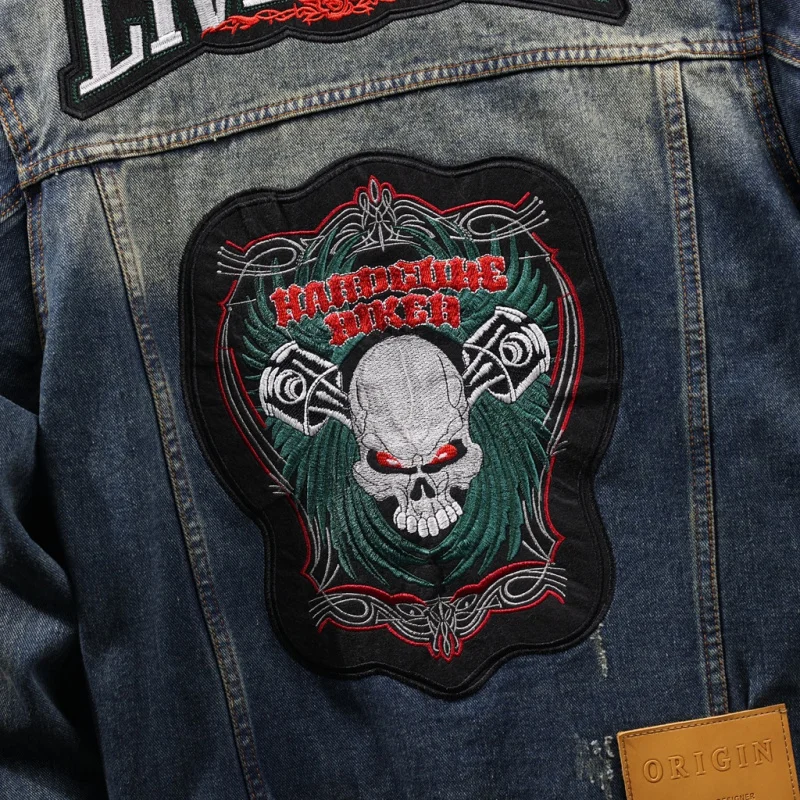 Motorcycle Embroidery Denim Jacket Men's Street Retro Nostalgic American Workwear 2024 Spring and Autumn New Menswear Clothing