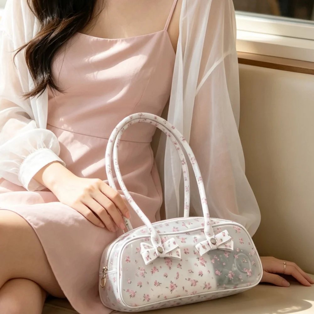 Romantic Girl Floral PVC Shoulder Storage Bag Bow Decoration Mini Boston Handbag Y2K Coquette Aesthetic Purse For Shopping Party - view 3