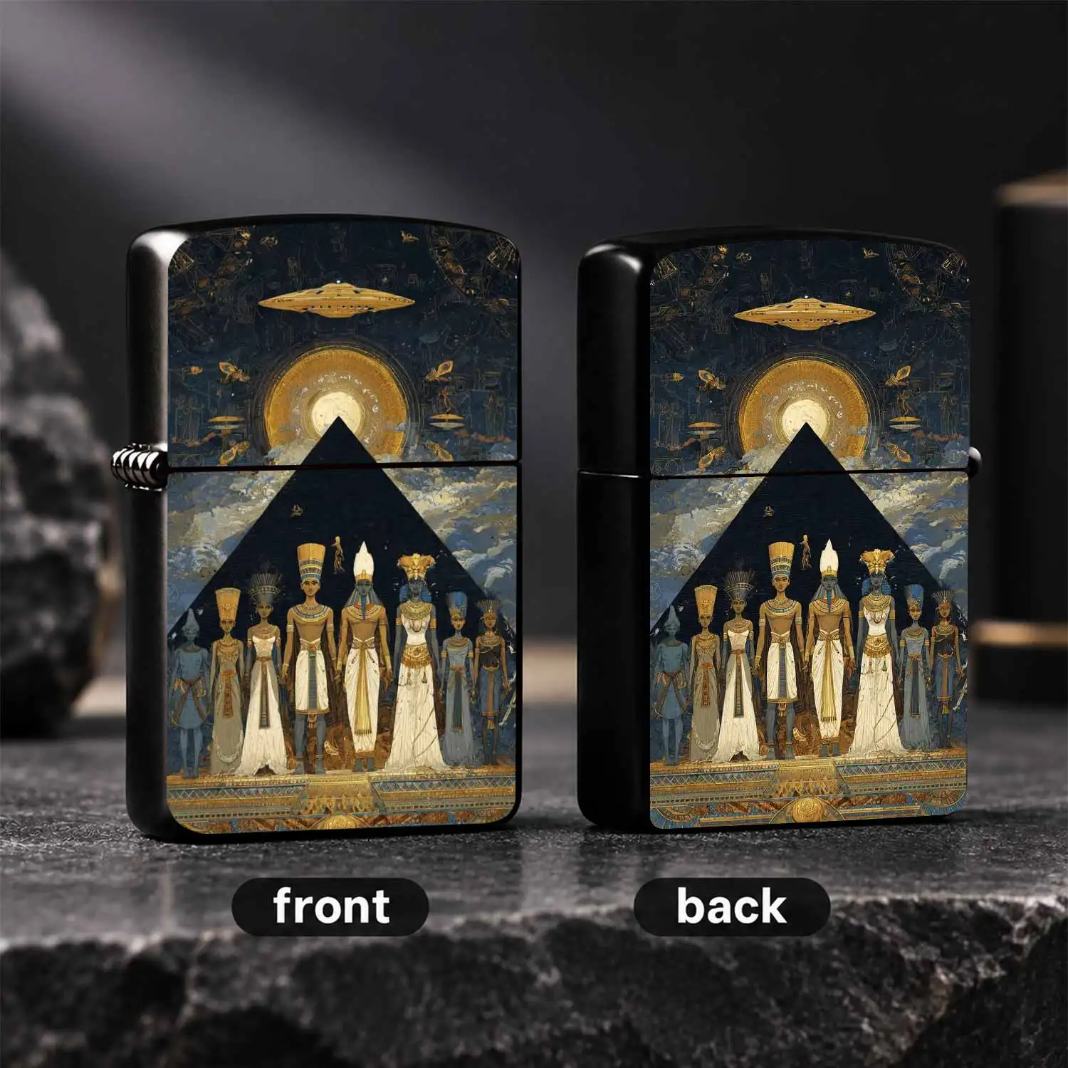 Vintage Egyptian Themed Lighter, Exotic Anciant Civilization Pharaoh Hieroglyph Pattern, Mysterious Ufo Pyramid Art Decor, Portable Stylish Accessory For Daily Use, Gifting,And All Scenarios A Humorous And Interesting Lighter
