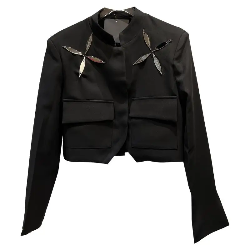 قطعة معدنية عصرية مزينة بياقة واقفة ort Jaet للسيدات طقم مزدوج للخريف وصل حديثًا معطف قرد أنبوبي مستقيم