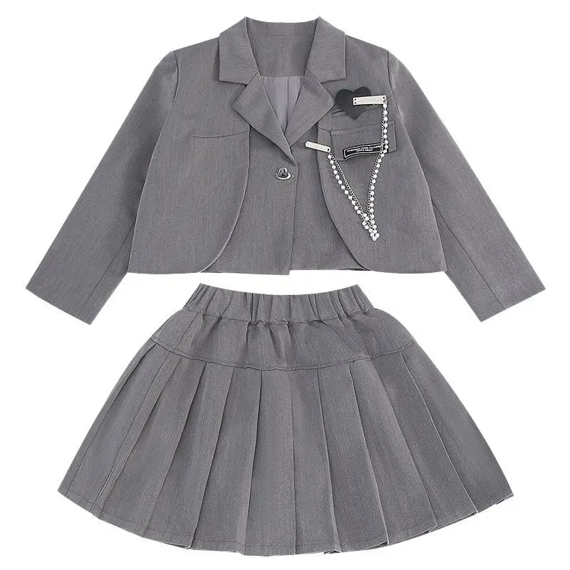 Junior Girl School Uniform Set Unique Formal Chain Smart Jackets and Pleated Skirt 2Pcs School Kids Child Uniform Blazer Suit