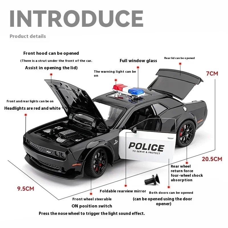 1:24 Dodge Challenger SRT Hellcat Police Car Model Toy Doors Opened Pull Back Light Music Miniature Vehicle Kids Boys Gift