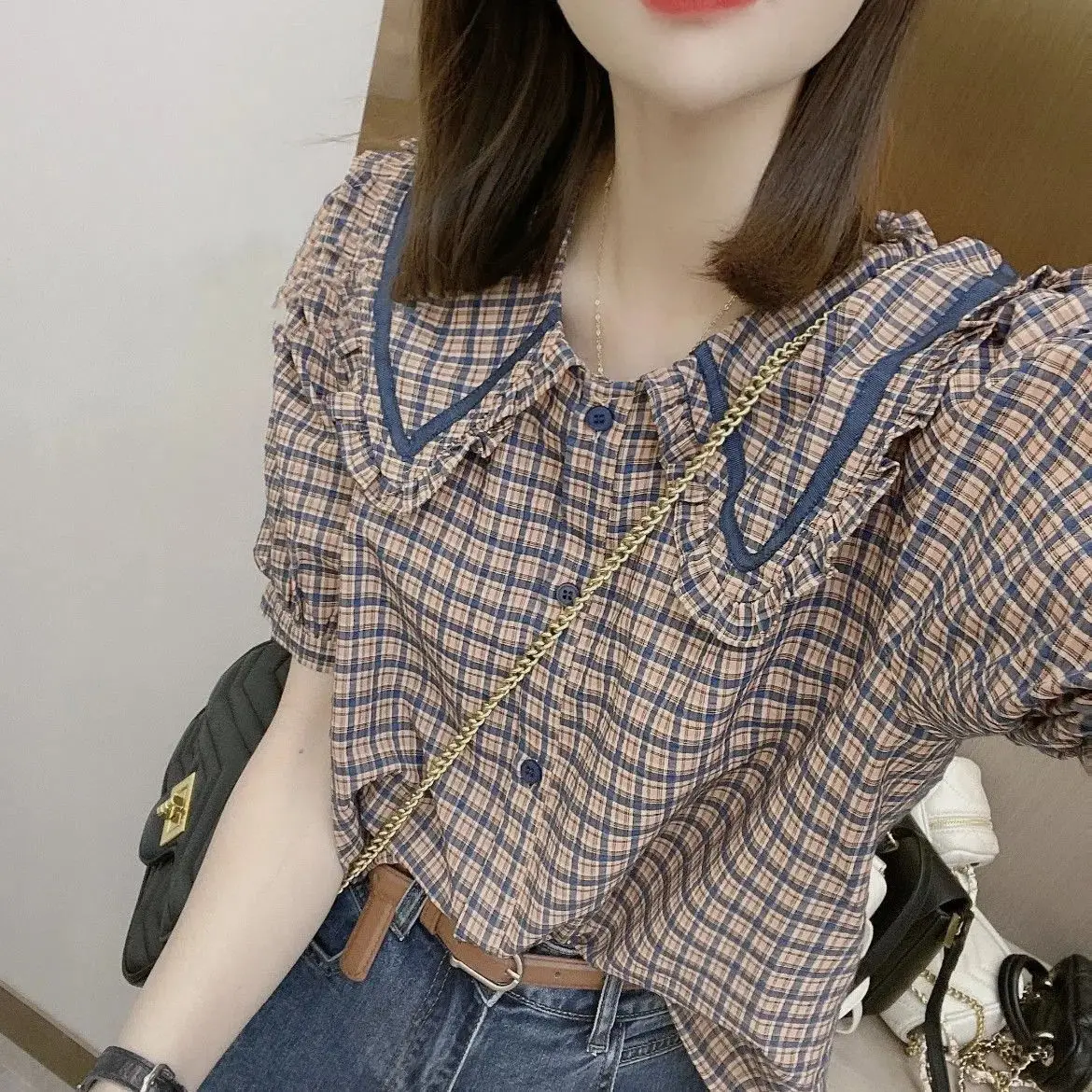 

Summer Women Clothing Casual Korean Fashion Loose Buttons Single Breasted Plaid Short Sleeve Top Tee Youth Lively Bright Easy